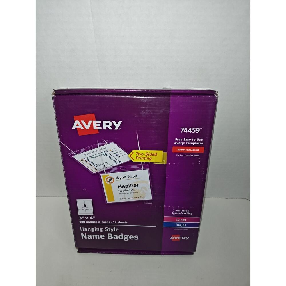 AVERY 74459 Hanging Style Name Badges 100 Badges & Cords 17 Sheets Laser Inkjet
